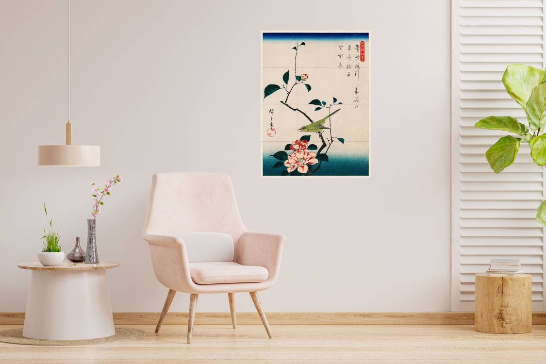 Tile Mural/Mosaic Ceramic Panel of Utagawa Hiroshige Camellia and Nightingale - Bird Mural Art -Japanese print - Gloss Tiles - Tile Mosaic