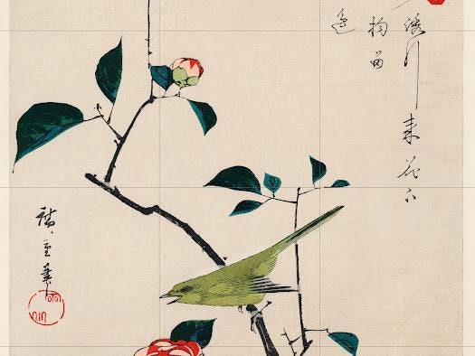 Tile Mural/Mosaic Ceramic Panel of Utagawa Hiroshige Camellia and Nightingale - Bird Mural Art -Japanese print - Gloss Tiles - Tile Mosaic