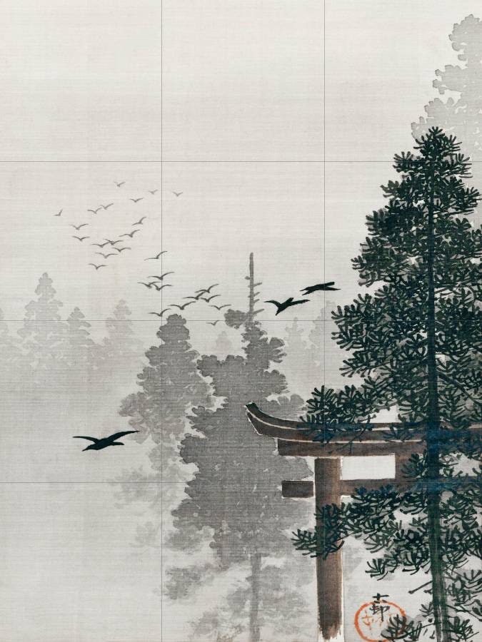 Tile Mural/Mosaic Ceramic Panel of Ohara Koson Flock of Birds and a Torii Gate - Japanese Mural -Birds wall print- Gloss Tiles - Tile Mosaic