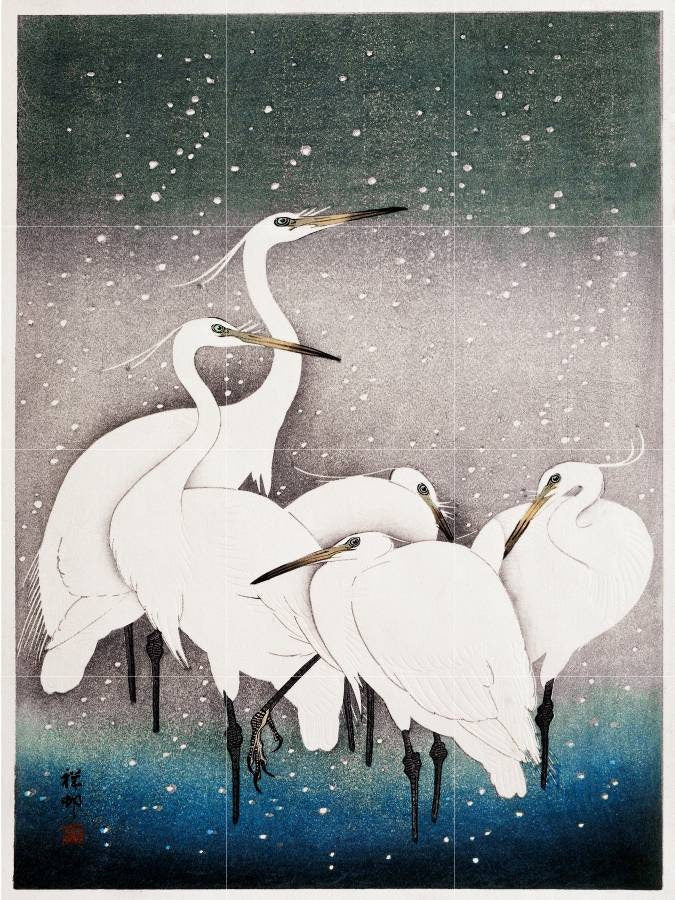 Tile Mural/Mosaic Ceramic Panel of Group of Egrets - Ohara Koson - Japanese print - Birds Mosaic - Egrets print - Birds Mural - Tile Mosaic