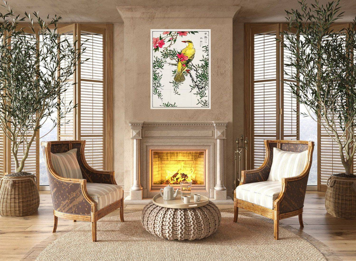 Tile Mural/Mosaic Ceramic Panel of Numata Kashu Chinese Bush-Warbler - Bush warbler print - Numata Kashu wall print - Bird Art Tile Mosaic