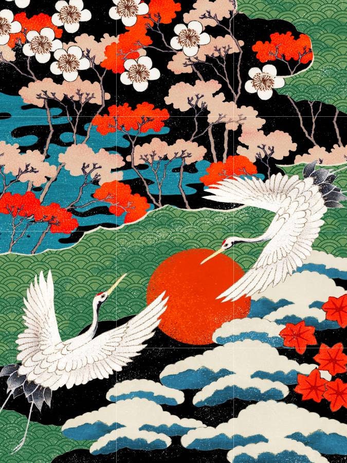 Tile Mural/Mosaic Ceramic Panel of Cranes - Japanese Mural Art - Birds Mosaic - Crane Mural - Cranes Mosaic-Gloss Tiles - Japan Tile Mosaic