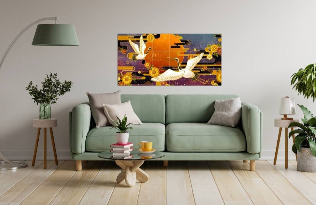 Tile Mural/Mosaic Ceramic Panel of Cranes - Birds Wall Nature Art - Bird Tile Mural -Gloss Tiles -Crane Mural- Japanese Mural - Tile Mosaic