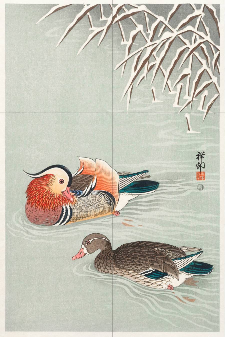 Tile Mural/Mosaic Ceramic Panel of Mandarin Ducks - Ohara Koson Art- Japanese Mural - Birds Mosaic - Gloss Tiles - Birds Mural - Tile Mosaic