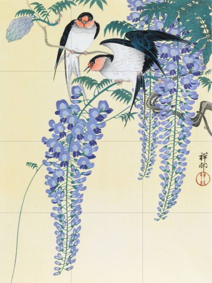 Tile Mural/Mosaic Ceramic Panel of Swallows and Wisteria - Ohara Koson Art-Japanese Mural -Birds Mosaic -Gloss Tiles-Birds Mural-Tile Mosaic