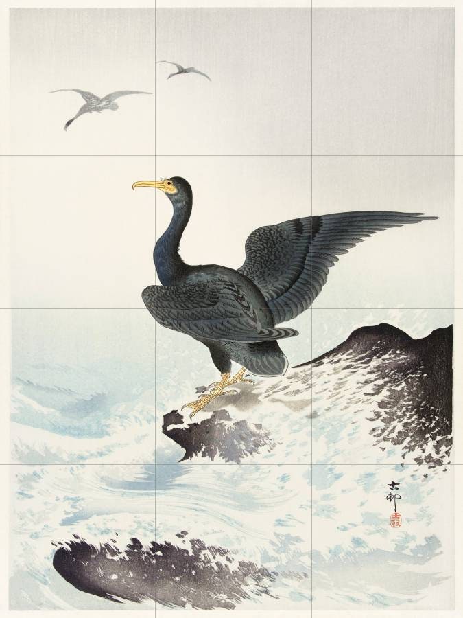 Tile Mural/Mosaic Ceramic Panel of Ohara Koson Red Mask Cormorant on Rock -Japanese Print - Birds Mosaic-Gloss Tiles-Birds Mural-Tile Mosaic