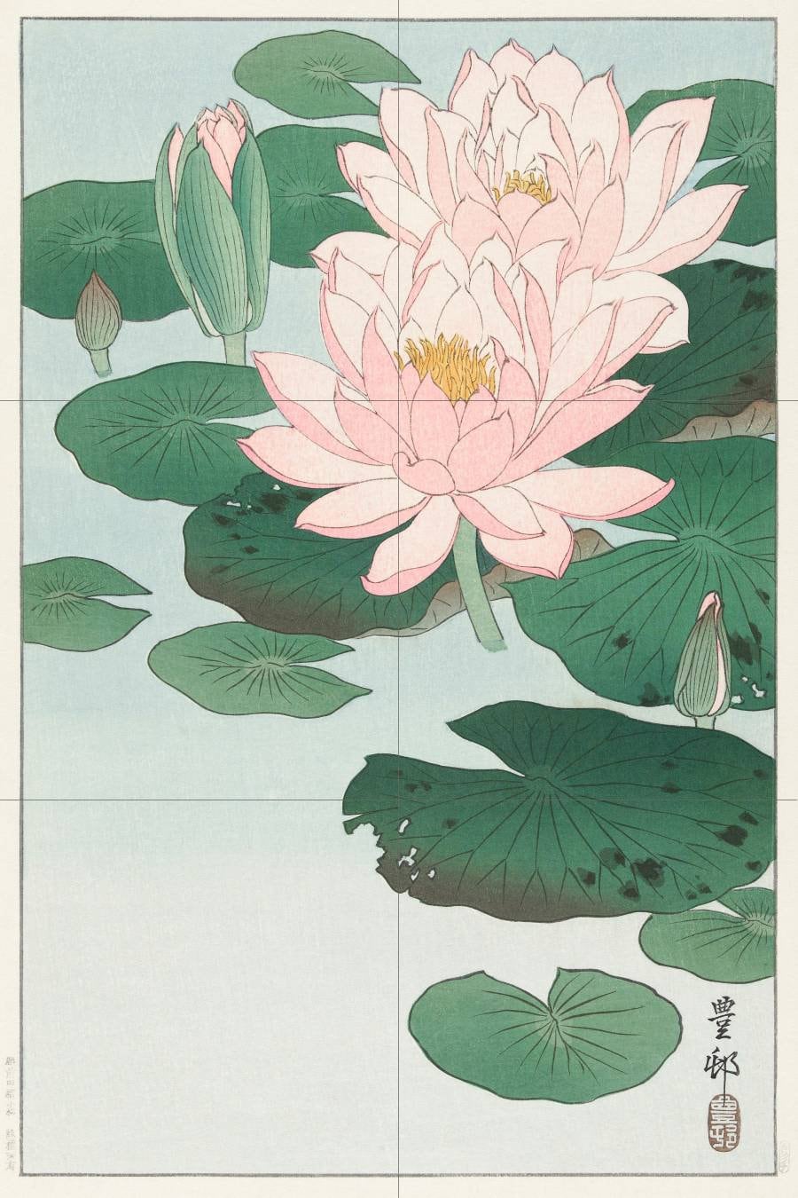 Tile Mural/Mosaic Ceramic Panel of Water Lily - Ohara Koson - Flower Mural- Japanese Mural - Floral Wall Art Print- Gloss Tiles -Tile Mosaic