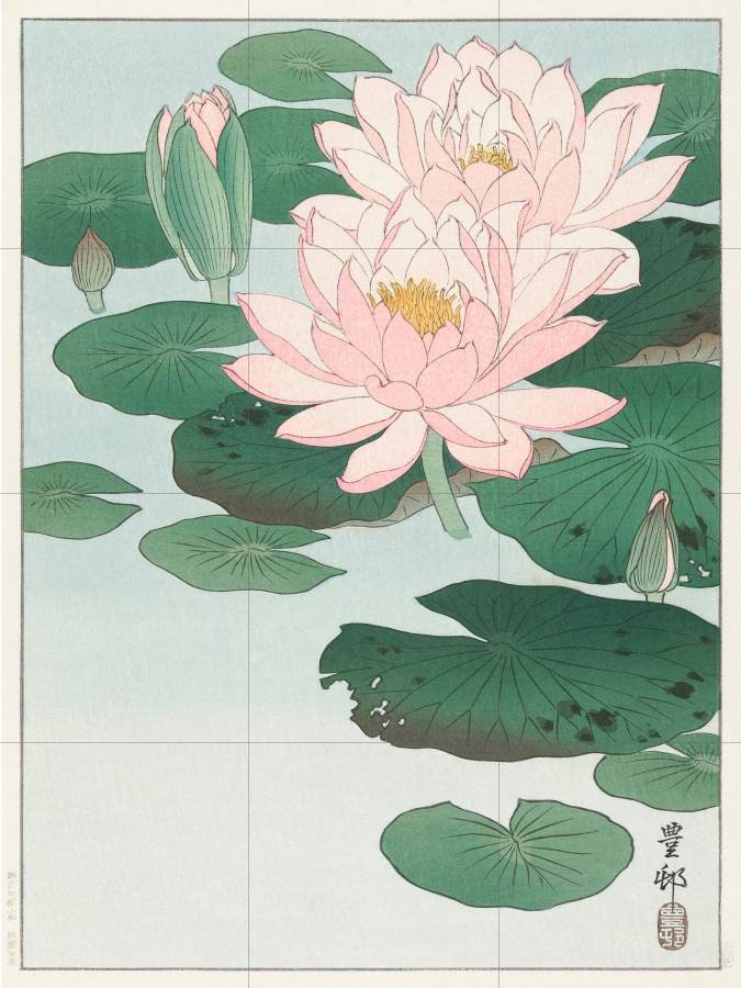 Tile Mural/Mosaic Ceramic Panel of Water Lily - Ohara Koson - Flower Mural- Japanese Mural - Floral Wall Art Print- Gloss Tiles -Tile Mosaic