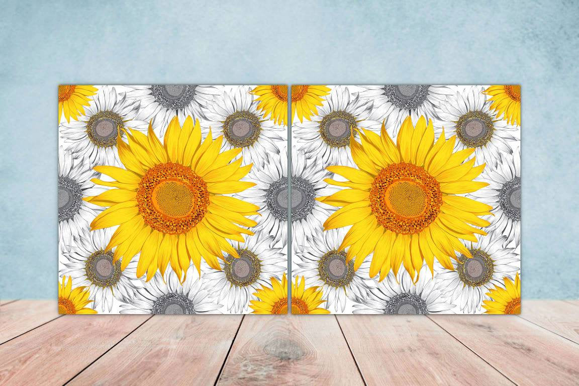 Floral Sunflower Tiles Flowers Leaves Leaf Design - Set of 2 Floral Wall DecorTiles - Kitchen Backsplash Tiles, Decorative Tiles, Bathroom