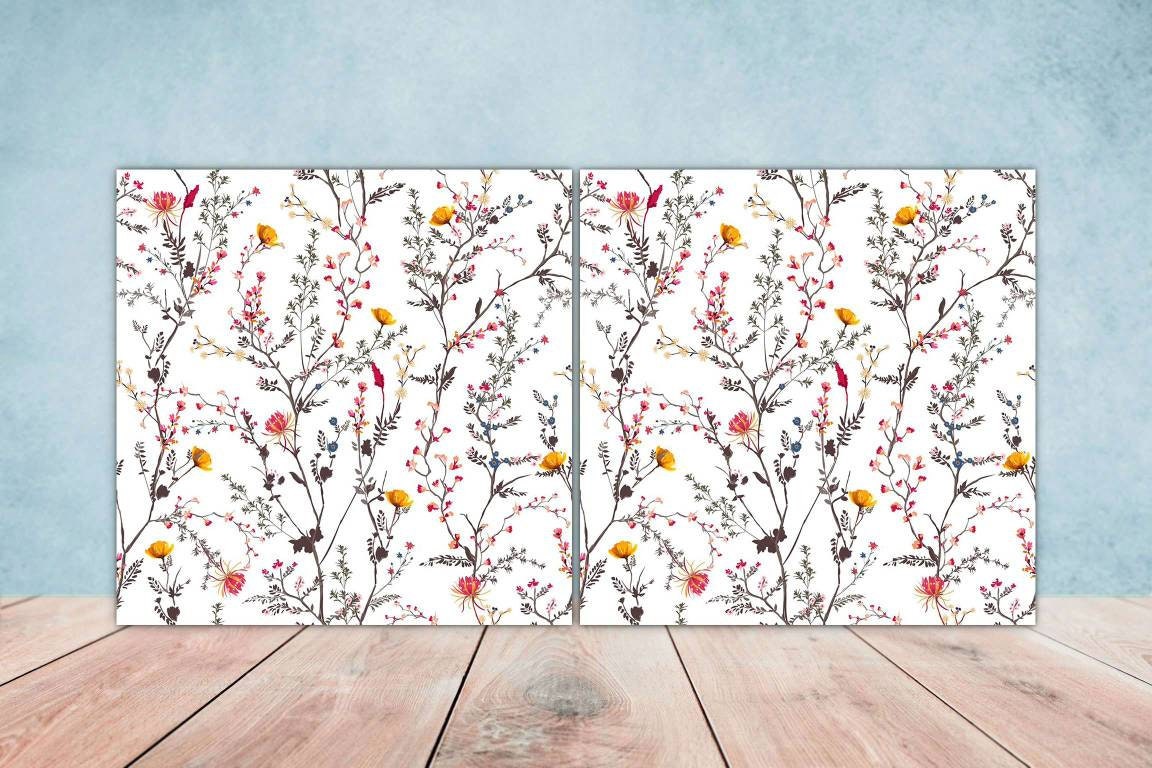 Floral Ceramic Tiles Flowers Leaves Leaf Design -Set of 2 Ceramic Decor Tiles -Kitchen Backsplash Tiles, Bathroom Tiles, Botanical wall art