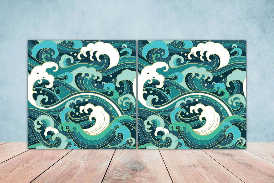 Japanese Ceramic Tiles - Set of 2 Japan Wall Decor Tiles - Kitchen Backsplash Tiles, Table Decorative Tiles, Bathroom Tiles, Coaster