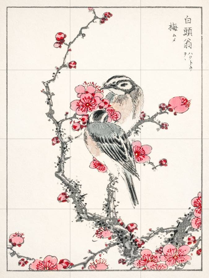 Tile Mural/Mosaic Ceramic Panel of Numata Kashu Pine Bunting and Plum Tree -Japanese Mural -Mumata Kashu print -Japanese Print -Tile Mosaic
