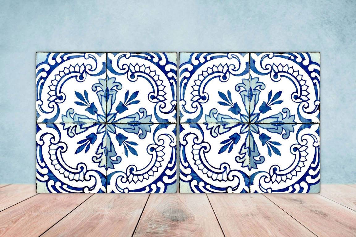 Portuguese Azulejo Tiles - Set of 2 Portuguese Wall Decor Tiles - Kitchen Backsplash Tiles, Table Decorative Tiles, Bathroom Tiles, Coaster
