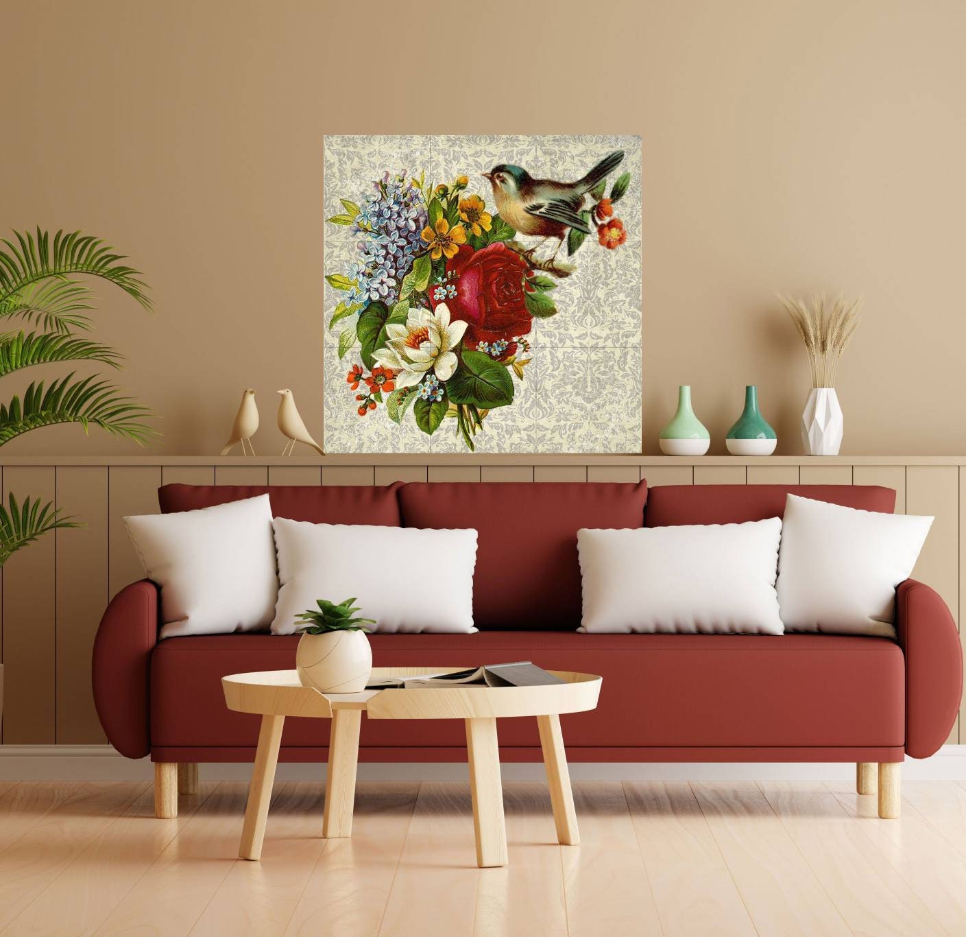 Tile Mural/Mosaic Ceramic Panel of a Tit Bird and Flowers - Wall Art - Home Decor - Tile Mural - Birds Mural Art - Gloss Tiles - Tile Mosaic