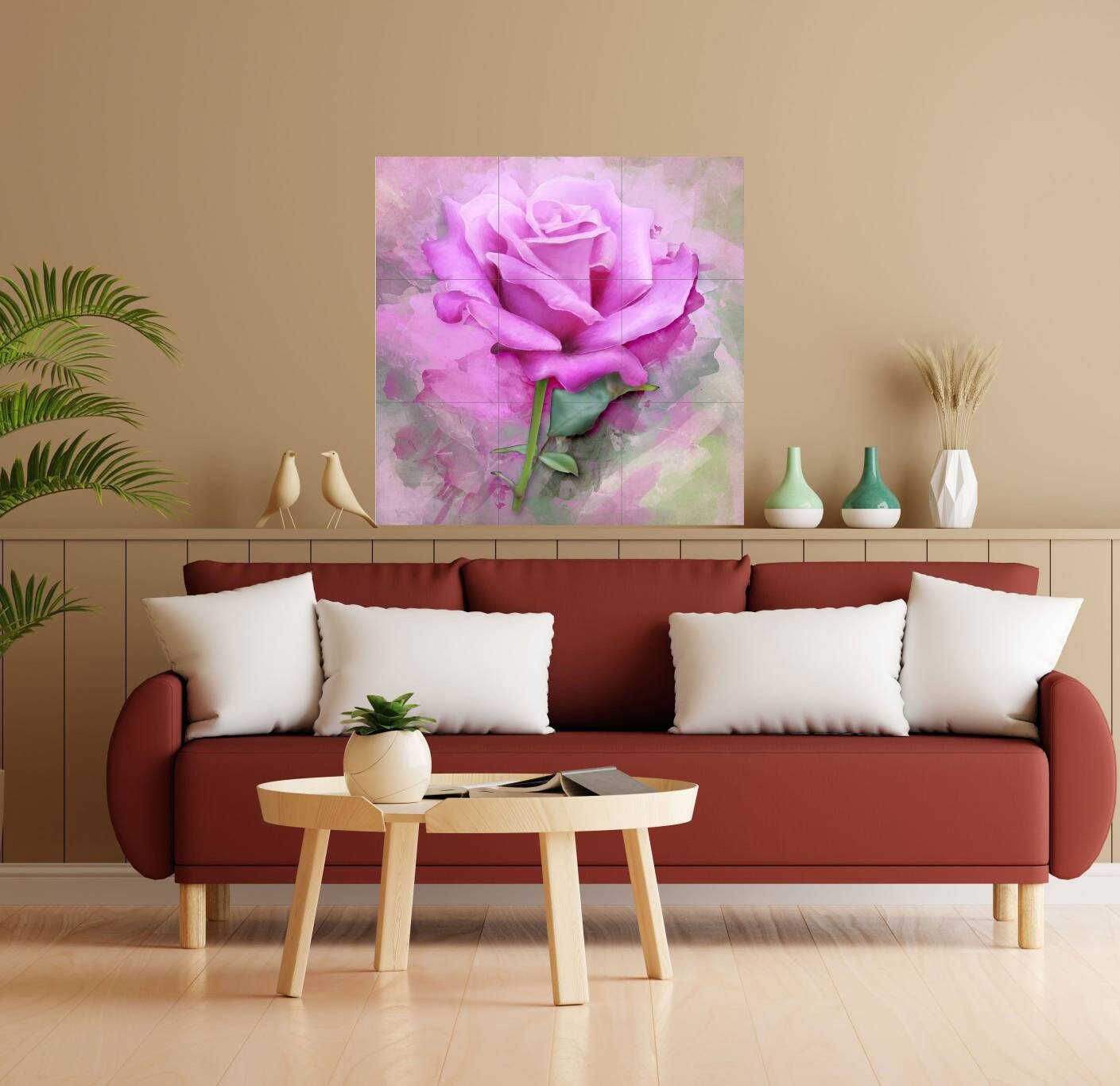 Tile Mural/Mosaic Ceramic Panel of Watercolor Flower - Pink Rose Painting Print Art - Flower Tile Mural - Gloss Tiles - Floral Tile Mosaic