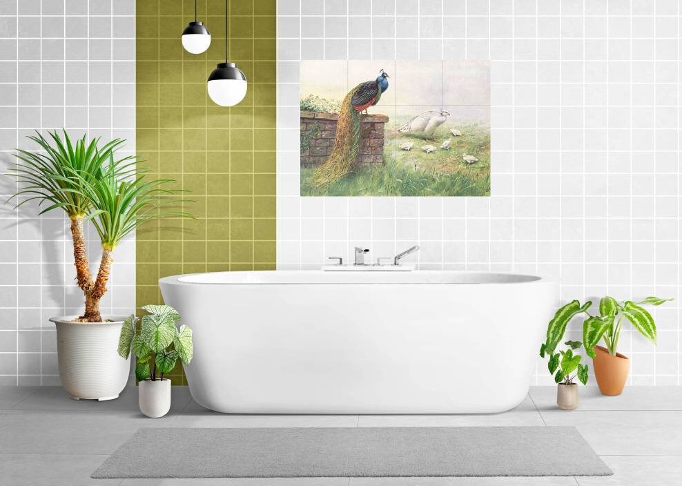 Tile Mural/Mosaic Ceramic Panel of - Peacock Bird Mural - Home Decor - Bird Tile Mosaic - Bird Wall Art - Bird Print - Peacock Painting
