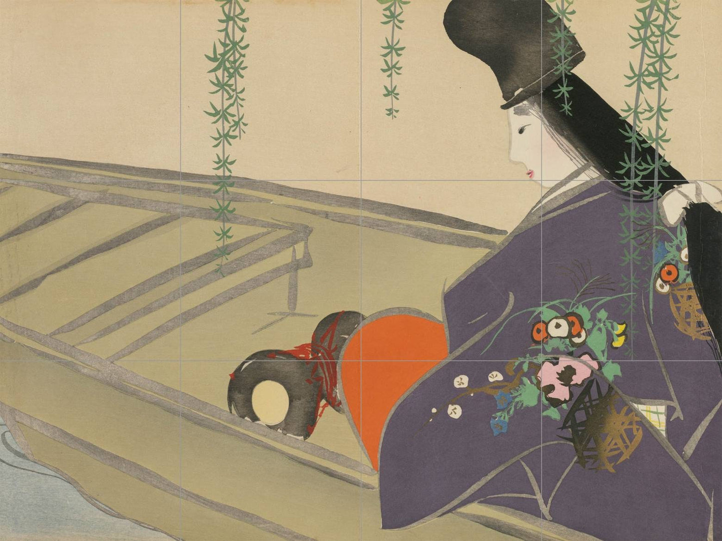 Tile Mural/Mosaic Ceramic Panel of Asazuma in Her Boat- Kamisaka Sekka Art - Japan Print - Japanese Tile Mural - Gloss Tiles - Tile Mosaic