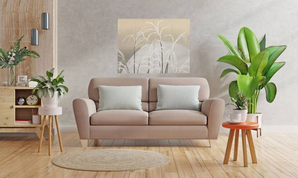 Tile Mural/Mosaic Ceramic Panel of Pampas Grass in Moonlight - Kamisaka Sekka Art - Japan - Japanese Tile Mural - Gloss Tiles - Tile Mosaic