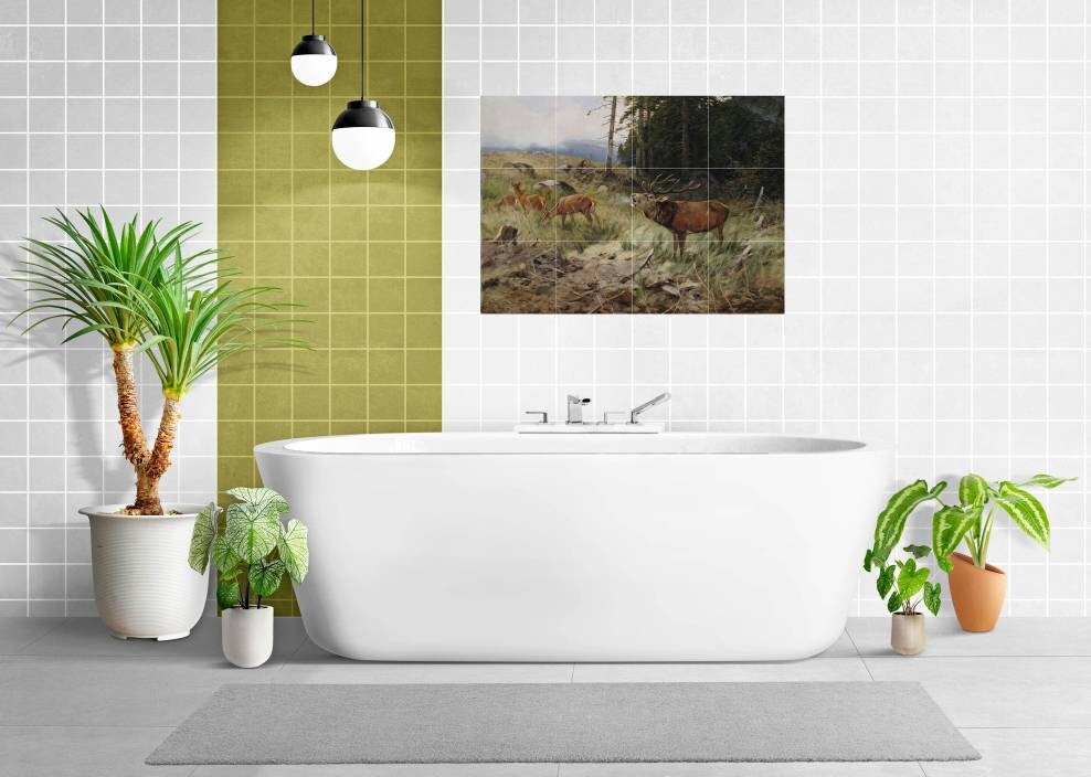Tile Mural/Mosaic Ceramic Panel of a Roaring Stag and Deer - Christoffer Drathmann - Tile Mural - Gloss Tiles - Deer Mural - Tile Mosaic