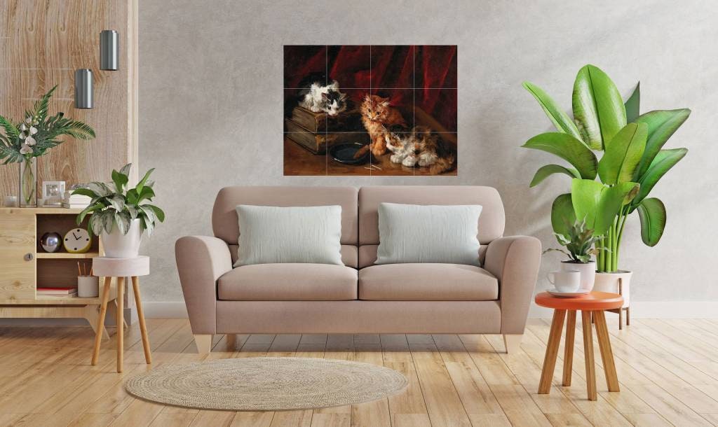 Tile Mural/Mosaic Ceramic Panel of Perplexed Kittens-Arthur-Alfred Brunel de Neville- Tile Mural -Art Mural - Gloss Tiles - Cat Tile Mosaic
