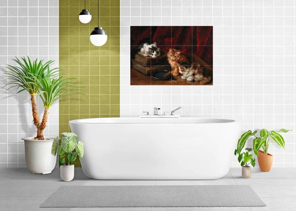Tile Mural/Mosaic Ceramic Panel of Perplexed Kittens-Arthur-Alfred Brunel de Neville- Tile Mural -Art Mural - Gloss Tiles - Cat Tile Mosaic