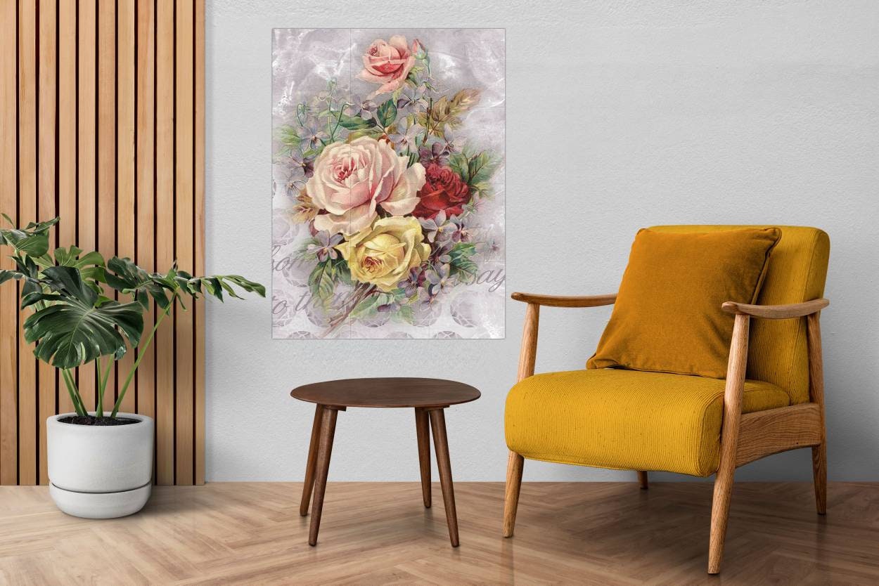Tile Mural/Mosaic Ceramic of Roses Watercolour Painting - Flower Wall Art - Floral Tile Mural -Gloss Tiles - Flowers Mosaic- Tile Mosaic