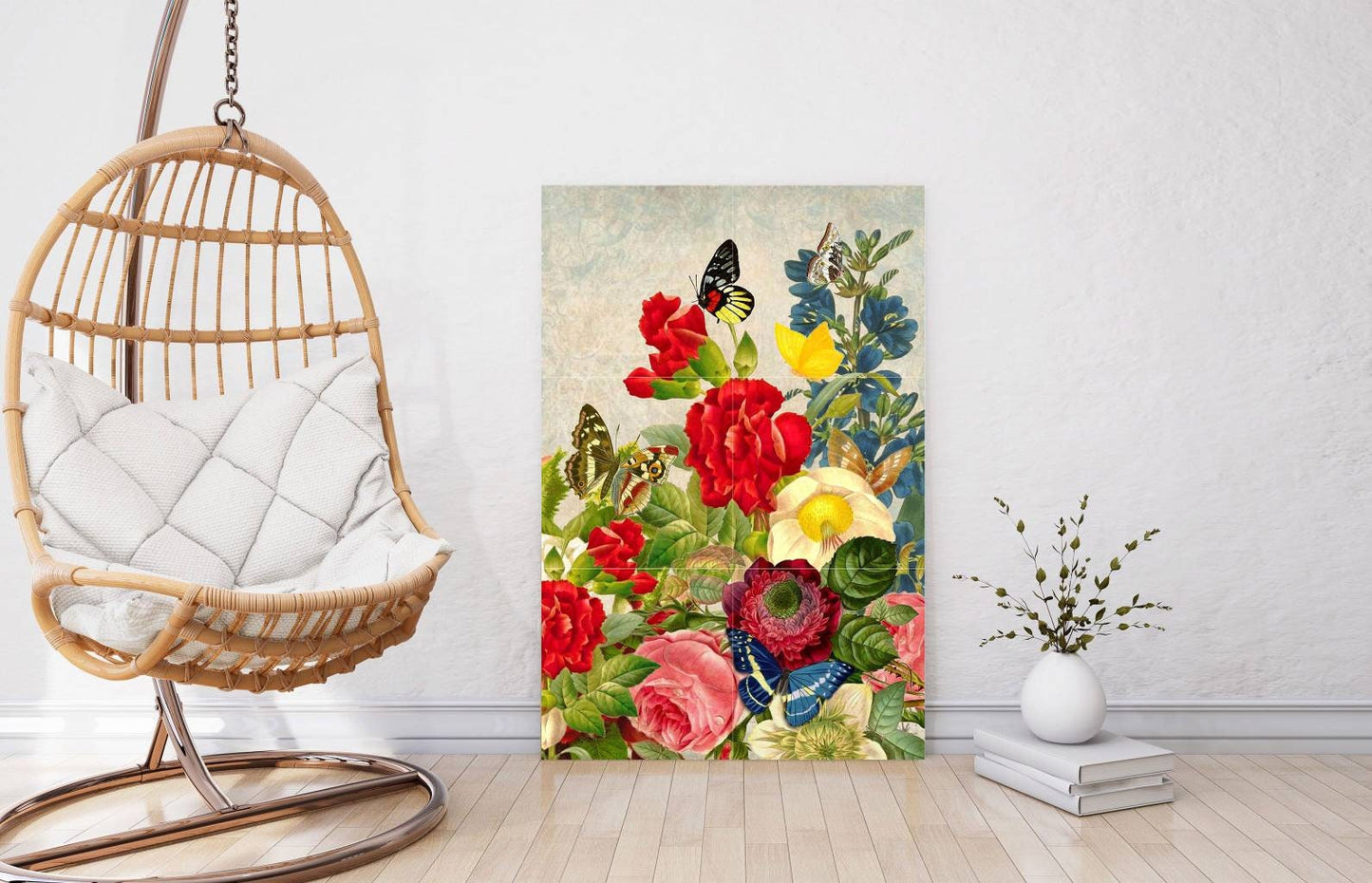 Tile Mural/Mosaic Ceramic of Flowers and Butterfly Watercolor - Butterfly wall print - Floral Tile Mural - Flowers Mosaic - Tile Mosaic