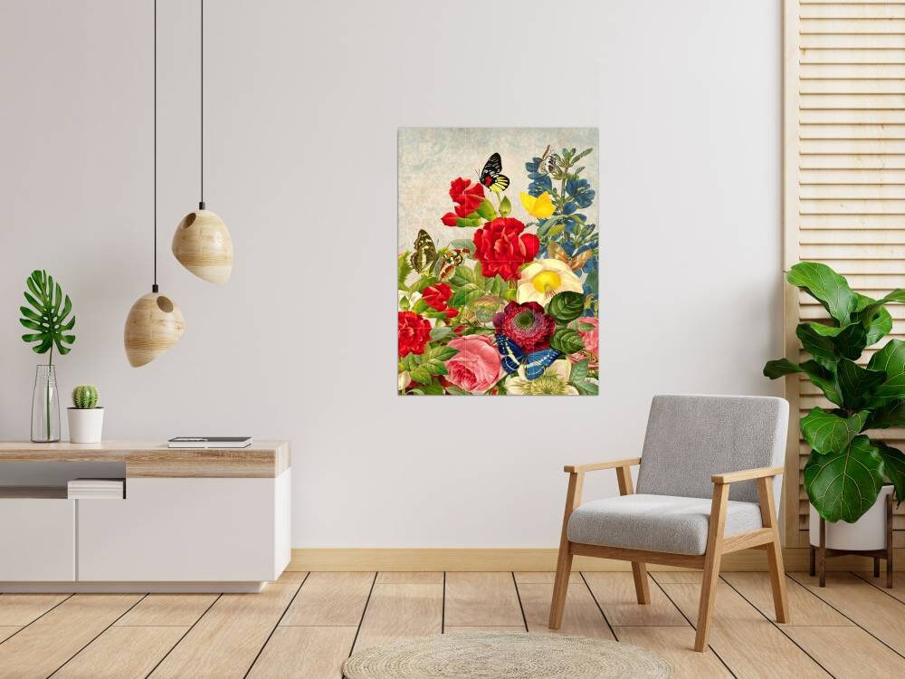 Tile Mural/Mosaic Ceramic of Flowers and Butterfly Watercolor - Butterfly wall print - Floral Tile Mural - Flowers Mosaic - Tile Mosaic