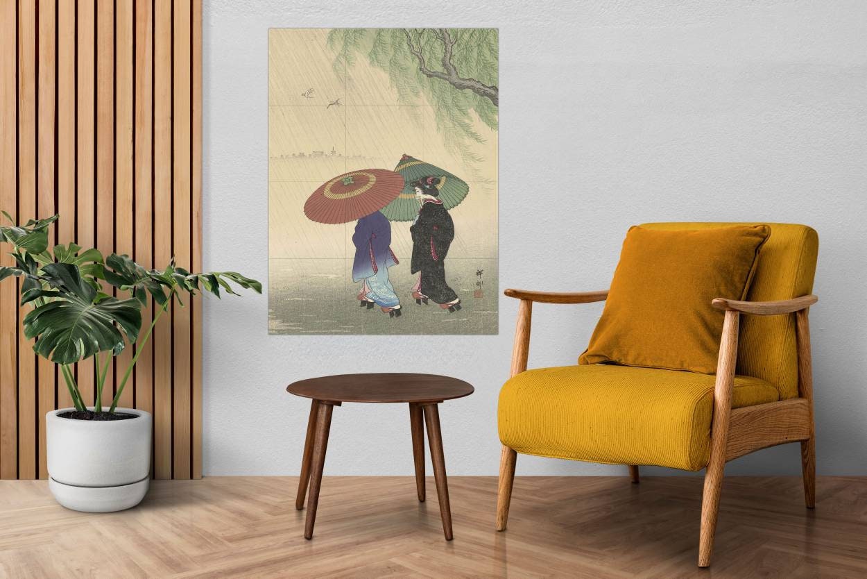 Tile Mural/Mosaic Ceramic Panel of Two Women in The Rain - Ohara Koson - Japan Art - Japanese Mural - Mosaic - Gloss Tiles - Tile Mosaic