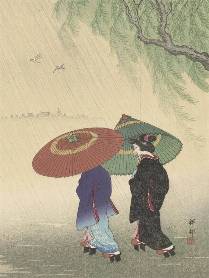 Tile Mural/Mosaic Ceramic Panel of Two Women in The Rain - Ohara Koson - Japan Art - Japanese Mural - Mosaic - Gloss Tiles - Tile Mosaic