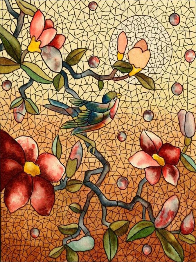 Tile Mural/Mosaic Ceramic Panel of Birds and Flowers - Bird Wall Art - Bird and Flower Tile Mural - Home Decor - Bird Mural - Tile Mosaic