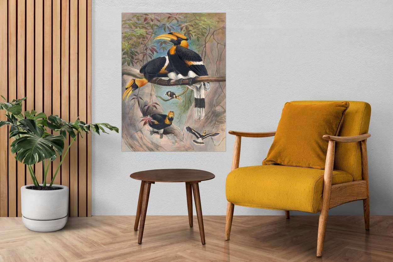 Tile Mural/Mosaic Ceramic Panel of The Rhinoceros Hornbill- Joseph Wolf - Wall Birds Art Print - Tile Mural - Gloss Tiles - Bird Tile Mosaic