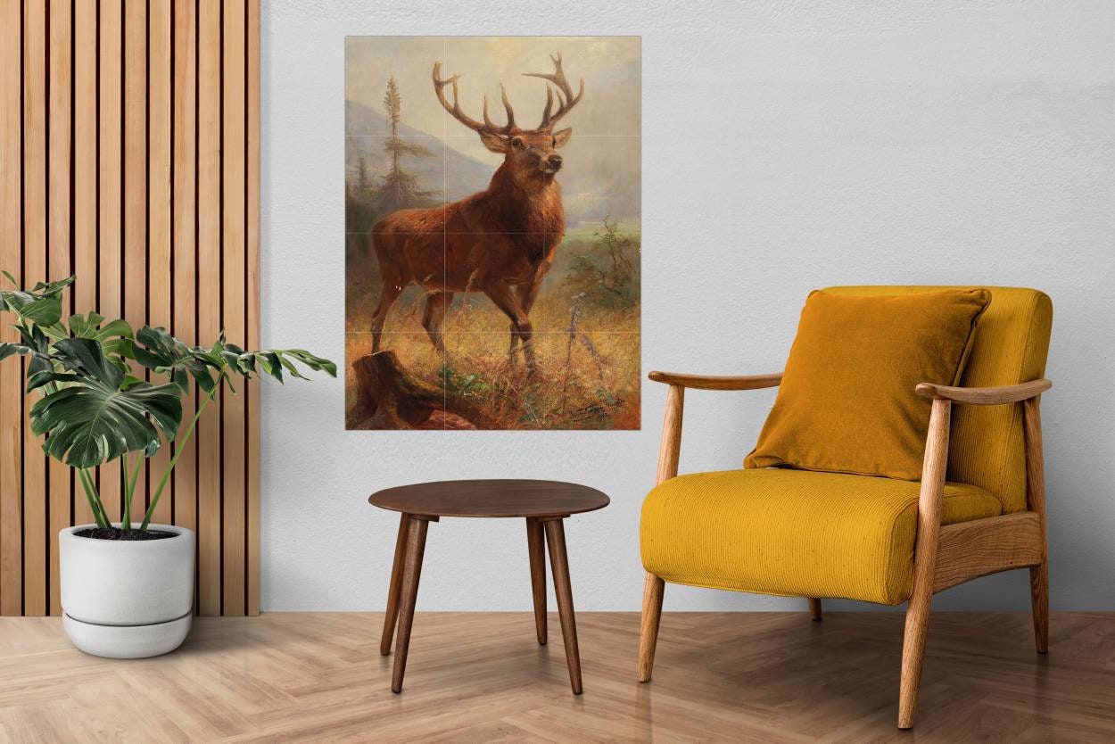 Tile Mural/Mosaic Ceramic Panel of a Trophy Stag in an Open Landscape Anton Weinberger - Deer print - Gloss Tiles - Deer Mural - Tile Mosaic