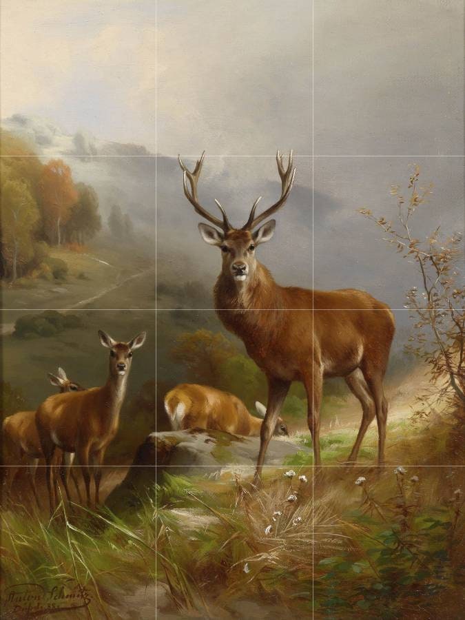 Tile Mural/Mosaic Ceramic Panel of a Rotwild - Anton Schmitz Painting - Wall Art Decor - Tile Mural - Gloss Tiles - Deer Mural - Tile Mosaic