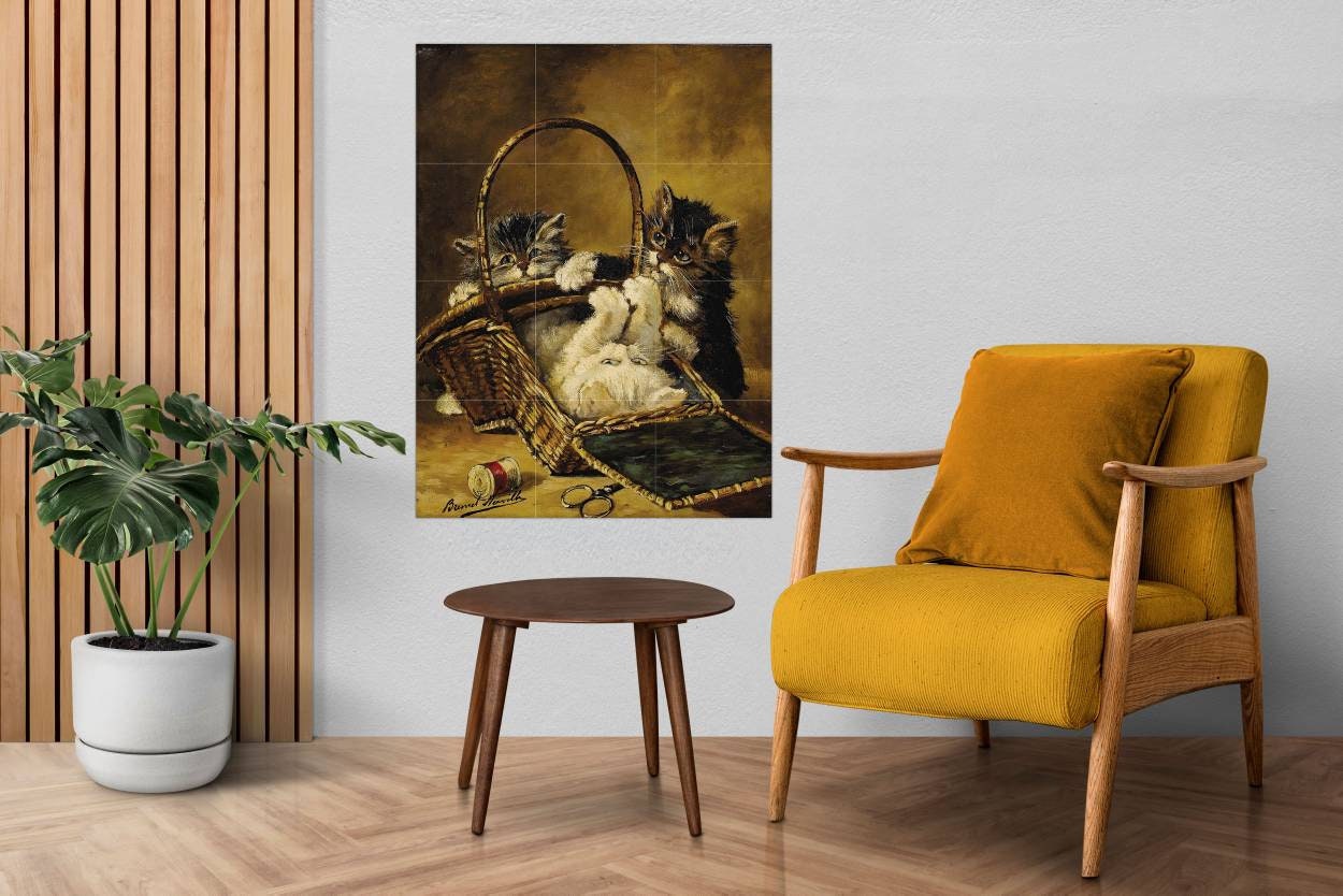 Tile Mural/Mosaic Ceramic Panel of Three Kittens Playing -Artur-Alfred Brunel de Neville - Tile Mural - Cat Mural - Kitty Mosaic-Gloss Tiles