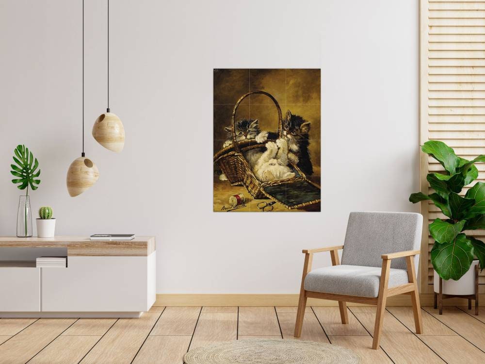 Tile Mural/Mosaic Ceramic Panel of Three Kittens Playing -Artur-Alfred Brunel de Neville - Tile Mural - Cat Mural - Kitty Mosaic-Gloss Tiles