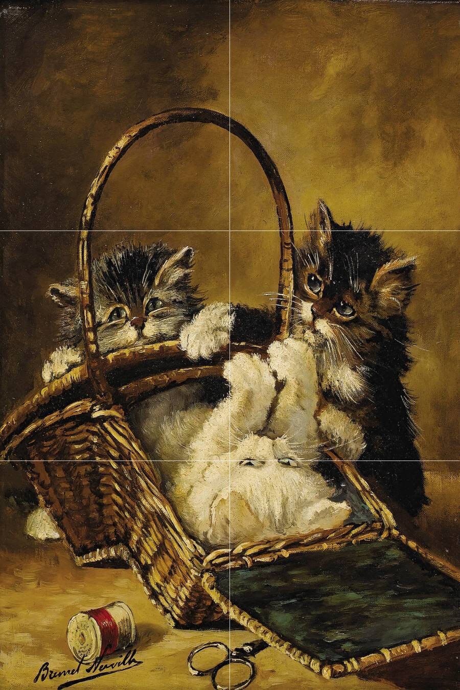 Tile Mural/Mosaic Ceramic Panel of Three Kittens Playing -Artur-Alfred Brunel de Neville - Tile Mural - Cat Mural - Kitty Mosaic-Gloss Tiles