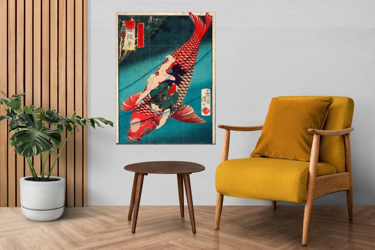 Tile Mural/Mosaic Ceramic Panel of Saitō Oniwakamaru on a Carp Tsukioka Yoshitoshi - Japanese Mural - Fish Mural - Gloss Tiles - Tile Mosaic