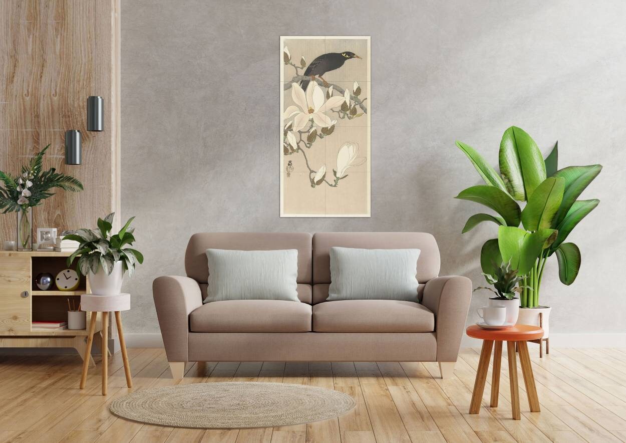 Tile Mural/Mosaic Ceramic Panel of a Myna on Magnolia Branch- Ohara Koson Painting- Japan Art- Japanese Mural -Gloss Tiles- Bird Tile Mosaic