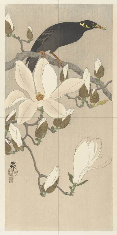 Tile Mural/Mosaic Ceramic Panel of a Myna on Magnolia Branch- Ohara Koson Painting- Japan Art- Japanese Mural -Gloss Tiles- Bird Tile Mosaic