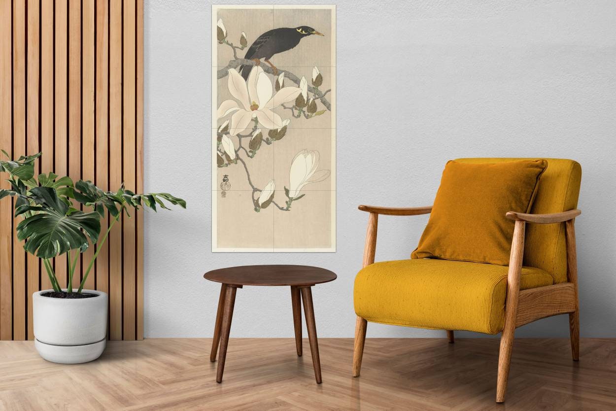 Tile Mural/Mosaic Ceramic Panel of a Myna on Magnolia Branch- Ohara Koson Painting- Japan Art- Japanese Mural -Gloss Tiles- Bird Tile Mosaic