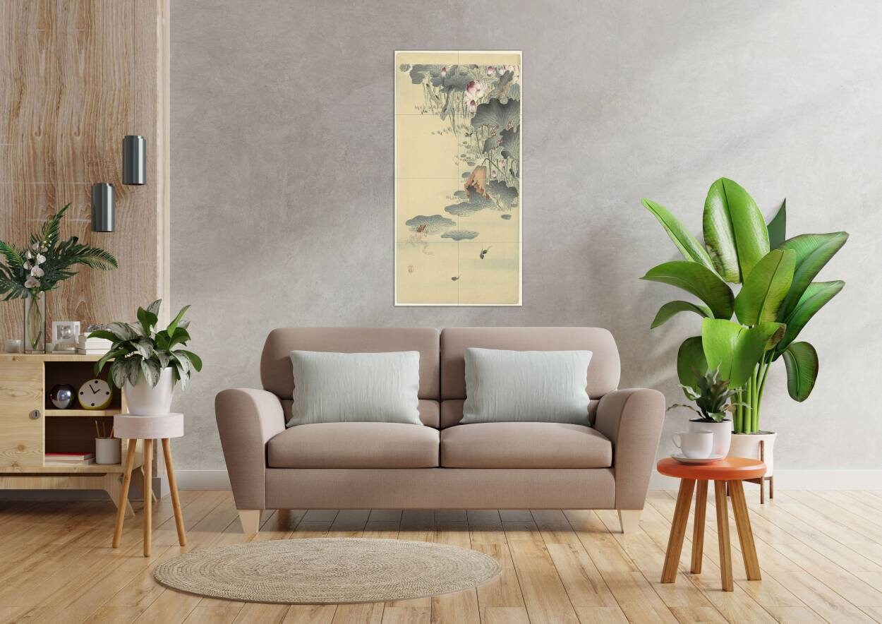 Tile Mural/Mosaic Ceramic Panel of a Frog and Tadpoles - Ohara Koson Painting- Japan Art- Japanese Mural -Gloss Tiles - Frog Tile Mosaic