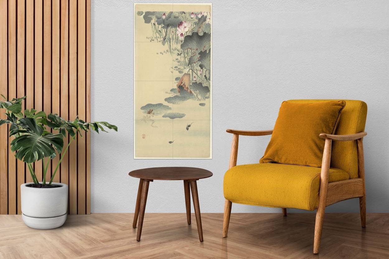 Tile Mural/Mosaic Ceramic Panel of a Frog and Tadpoles - Ohara Koson Painting- Japan Art- Japanese Mural -Gloss Tiles - Frog Tile Mosaic