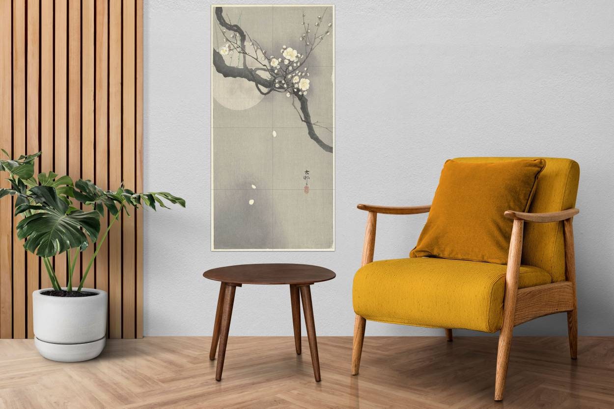 Tile Mural/Mosaic Ceramic Panel of a Plum blossom and full moon - Ohara Koson - Japan Art- Japanese Mural -Gloss Tiles - Flower Tile Mosaic