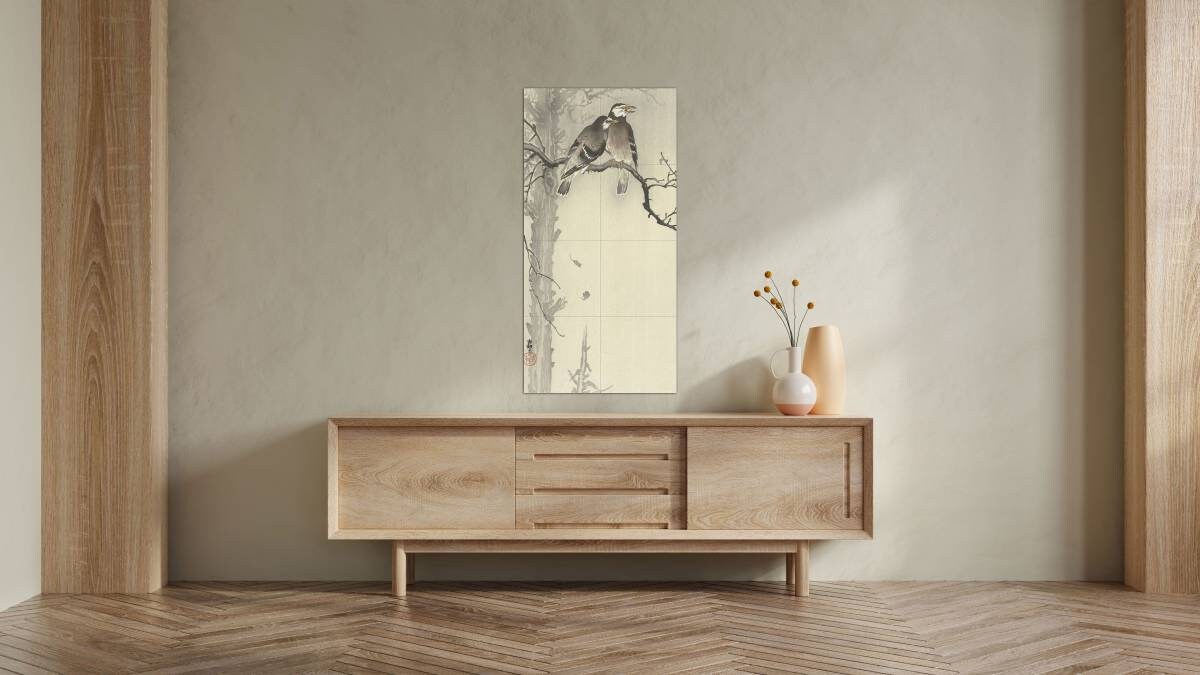 Tile Mural/Mosaic Ceramic Panel of Two Gray Starlings - Ohara Koson - Japan Art - Japanese Mural - Gloss Tiles - Tile Mosaic - Bird Mural