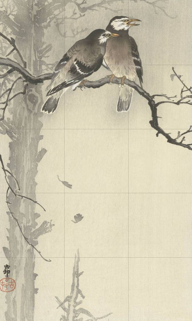 Tile Mural/Mosaic Ceramic Panel of Two Gray Starlings - Ohara Koson - Japan Art - Japanese Mural - Gloss Tiles - Tile Mosaic - Bird Mural