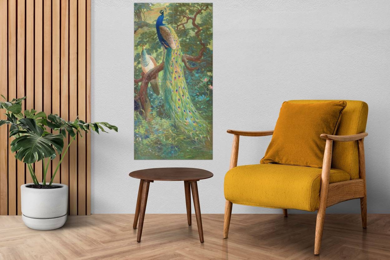 Tile Mural/Mosaic Ceramic Panel of Indian Peafowl - Charles Robert Knight - Bird Wall Art Decor - Peacock Mural - Gloss Tiles - Tile Mosaic