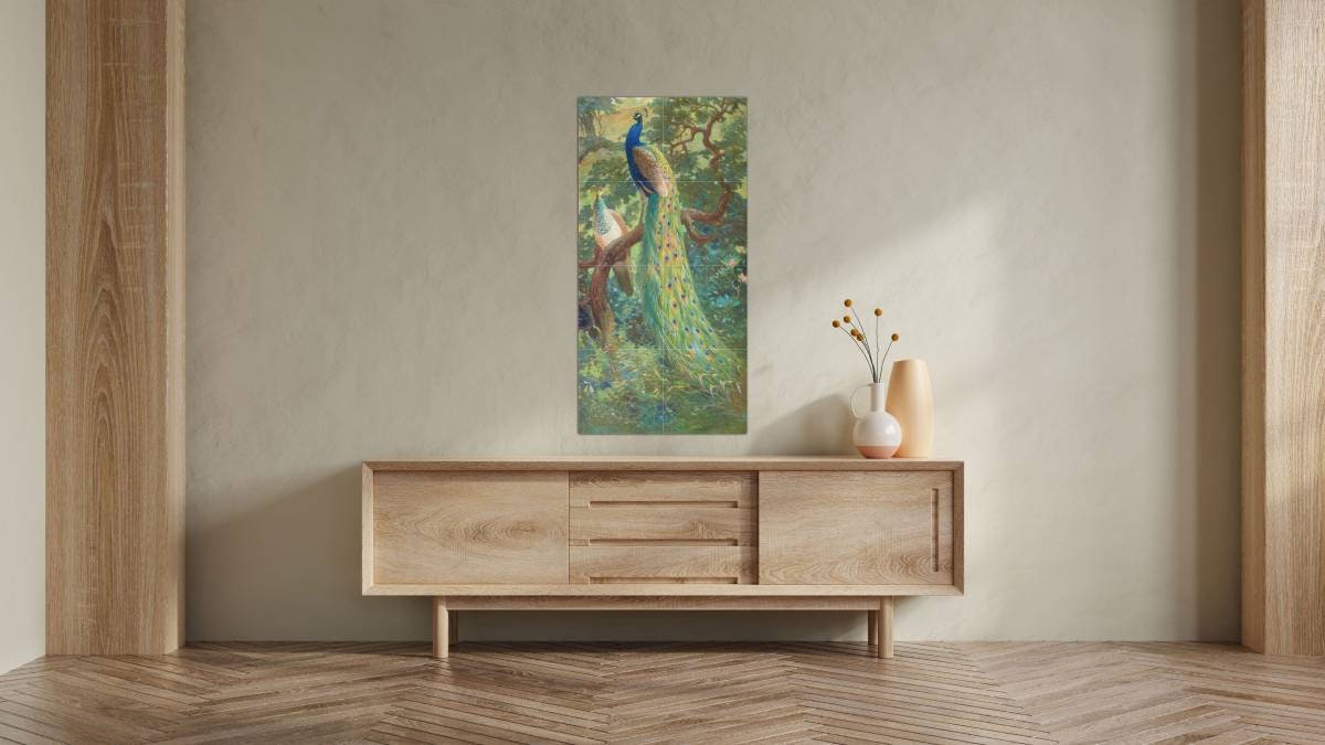 Tile Mural/Mosaic Ceramic Panel of Indian Peafowl - Charles Robert Knight - Bird Wall Art Decor - Peacock Mural - Gloss Tiles - Tile Mosaic