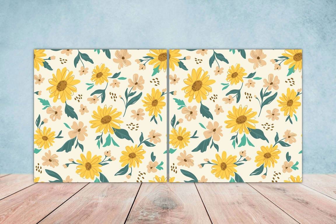 Floral Sunflower Tiles Flowers Leaves Leaf Design - Floral Tiles Flowers Design - Set of 2 Black and Flower Wall Decor Flower Tiles -