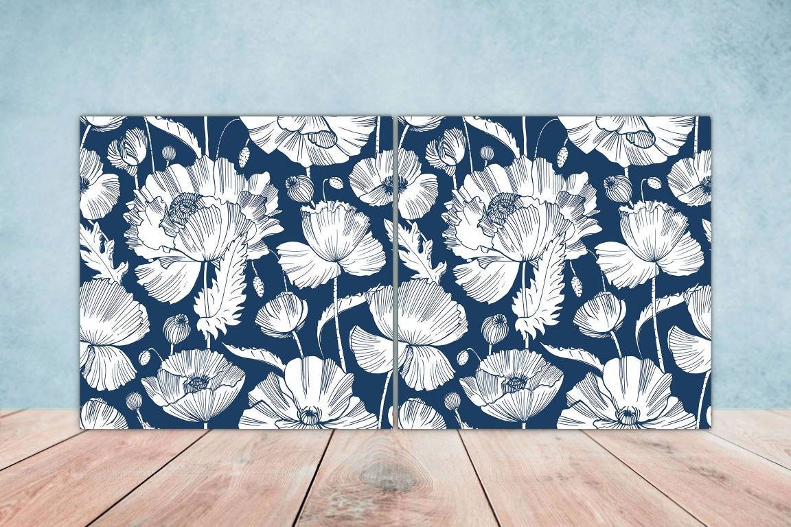 Floral Ceramic tiles - Set of 2 Floral Wall Decor Tiles - Kitchen Backsplash Tiles, Table Decorative Tiles, Bathroom Tiles, Shower tiles